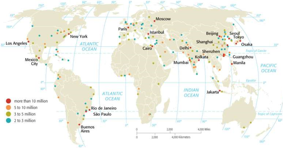   world cities having more than 1 million inhabitants (2006) (click for a larger picture, then smaller)  