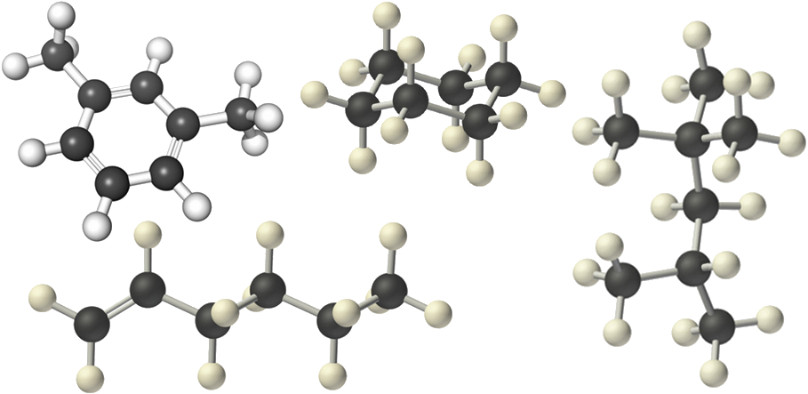  Hydrocarbon molecules - example of products regenerated out of greenhouse gases through sunlight-propelled artificial photosynthesis. 